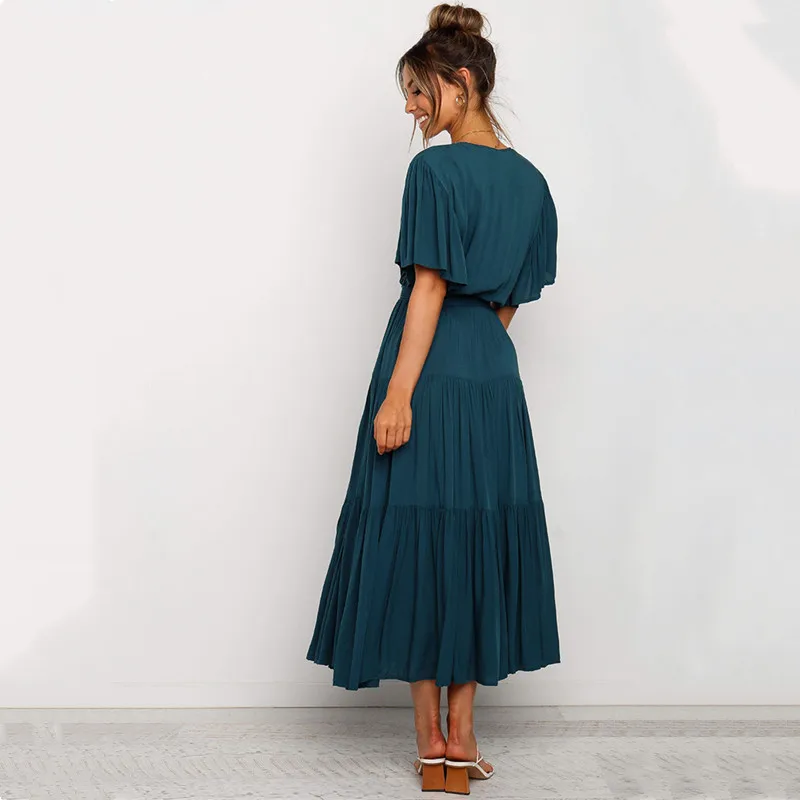 

Summer Dress Women 2021 New Arrive Spring V Neck Cross Belt Tunic Solid Color Fashion Casual Ankle Length Maxi Dresses