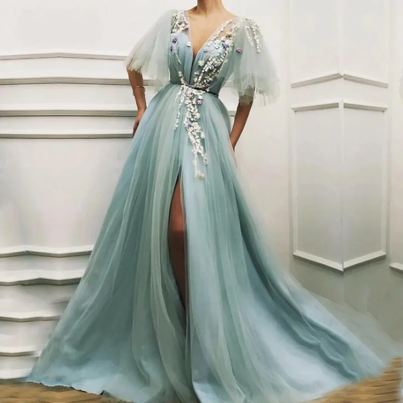 Длинные вечерние платья с v образным вырезом аппликациями цветами разрезом