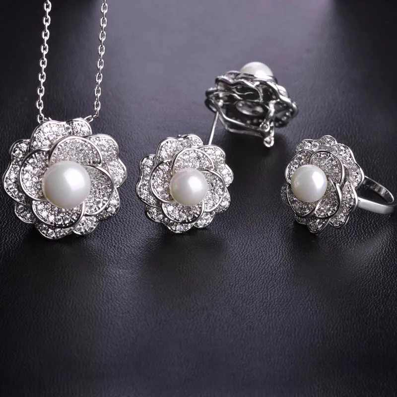 MECHOSEN Luxury AAA Zircon Necklace&ampEarrings&ampRing Set Multilayer Rose Flower Pendientes Copper Brincos Pearl Anel Bridal Schmuck |