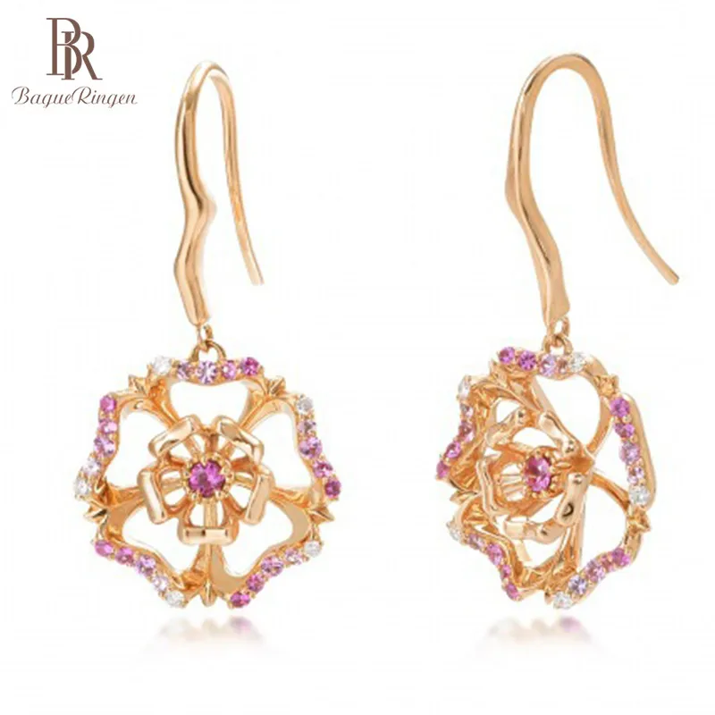 Женские серьги подвески с аметистом Bague Ringen цвета розового золота в форме цветка