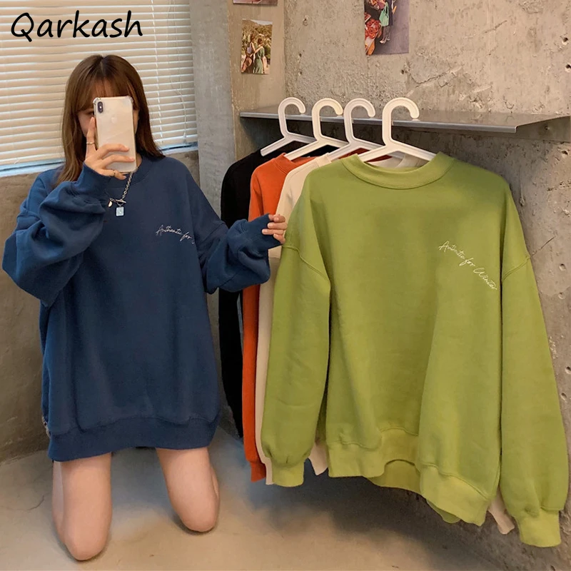 

No Hat Hoodies Women Sweet All-match Loose Korean Fashion Harajuku Thicker Long Sleeve Tops Letter Printing Sweatshirts Students