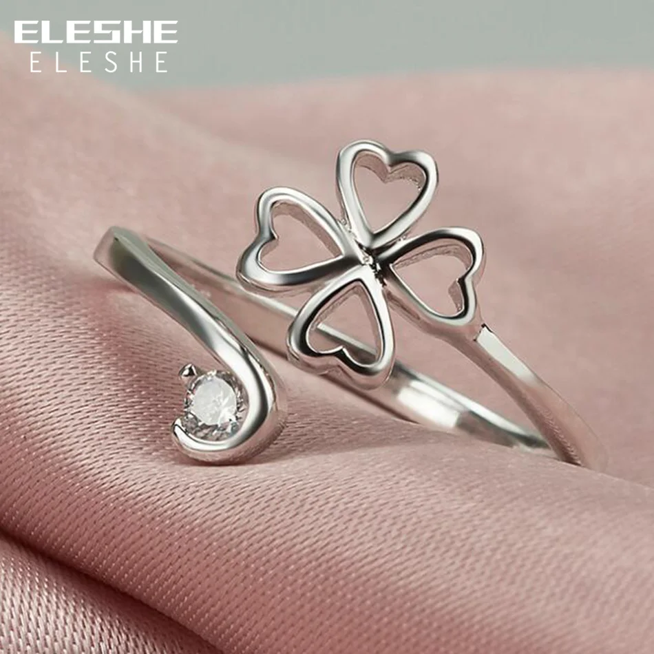 Женское регулируемое кольцо ELESHE серебряное с цветком клевера и открытым сердцем