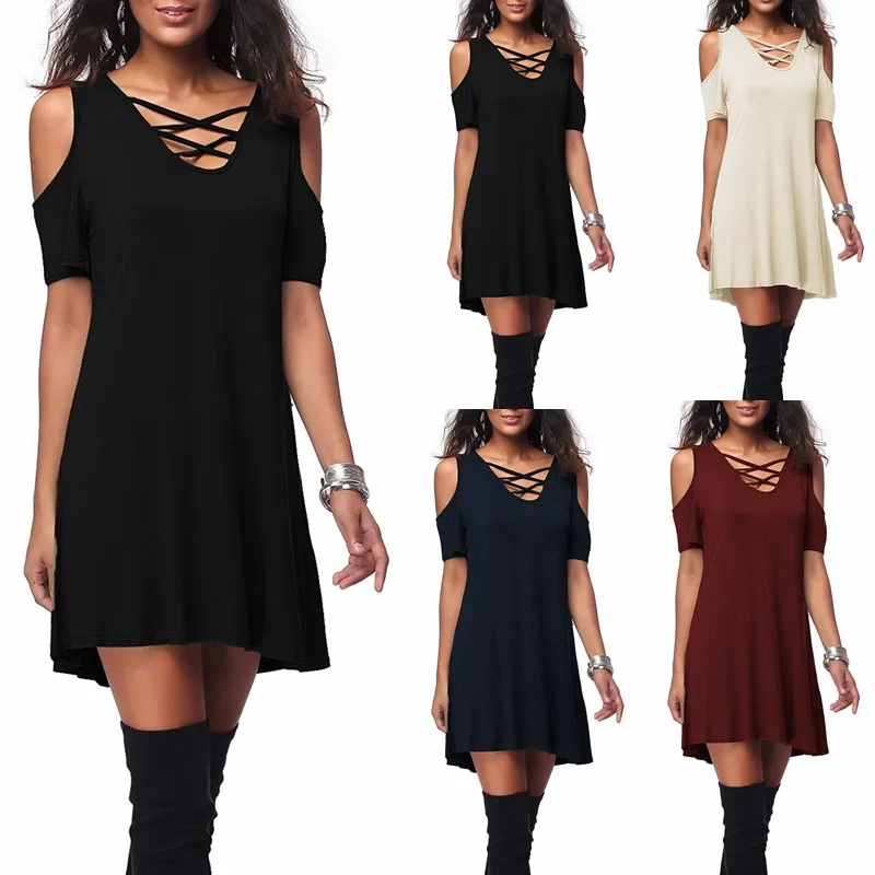 Women Fashion Casual Off Shoulder Dresses O-Neck Short Sleeve Dresses S-2XL Size Mini Solid A-Line Sexy  dress 2021 NEW