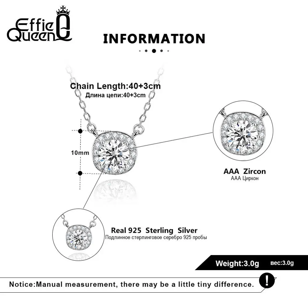 Effie queen 925 пробы серебряные ожерелья для женщин квадратные циркониевые Подвески элегантные женские оригинальные ювелирные аксессуары TSN135