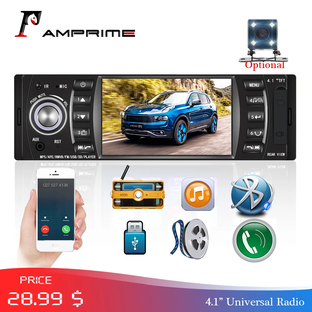 Автомагнитола AMPrime 1DIN 4 1 дюйма FM радио Bluetooth с камерой заднего вида|Автомобильные