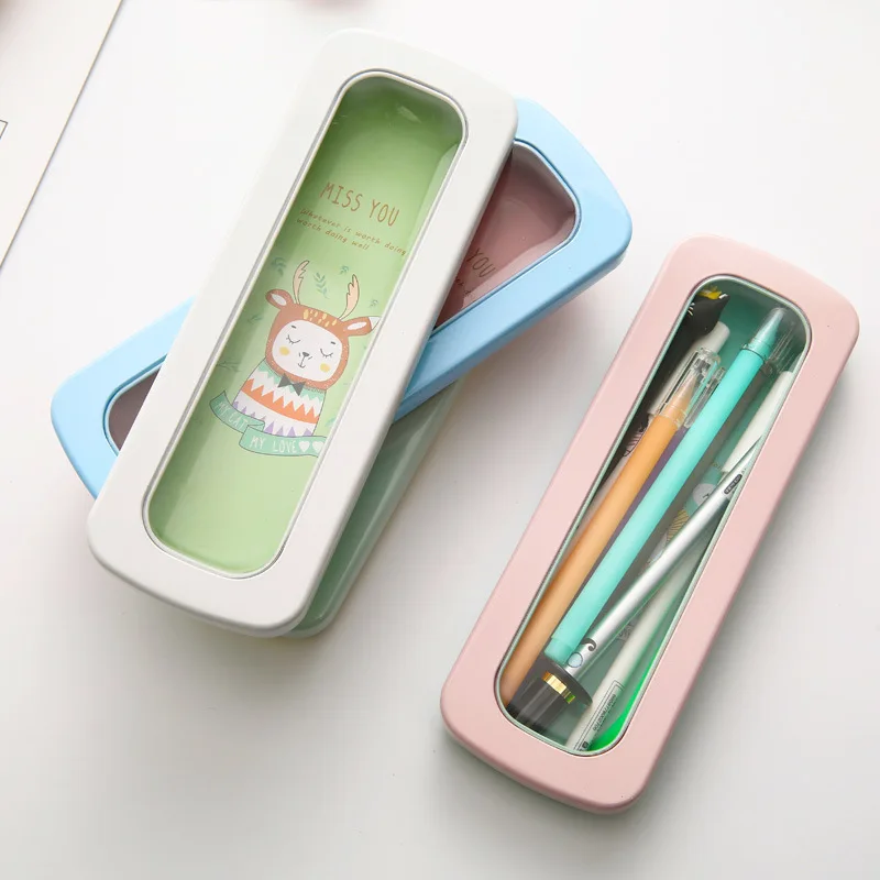 Металлический Мини пенал школьный простой мультяшный чистый цвет кавайный для