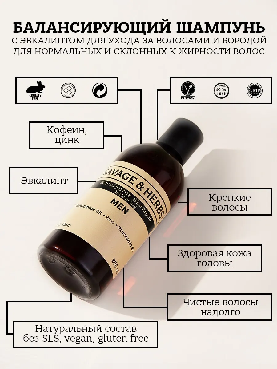 Шампунь для укрепления волос и бороды мужчин Savage & Herbs с эвкалиптом и каштановым маслом. Без сульфатов. 250 мл. Шампунь для мужчин.