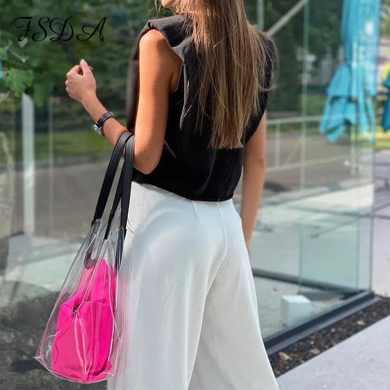 Женский укороченный топ без рукавов FSDA черный костюм-двойка цвета хаки и длинные