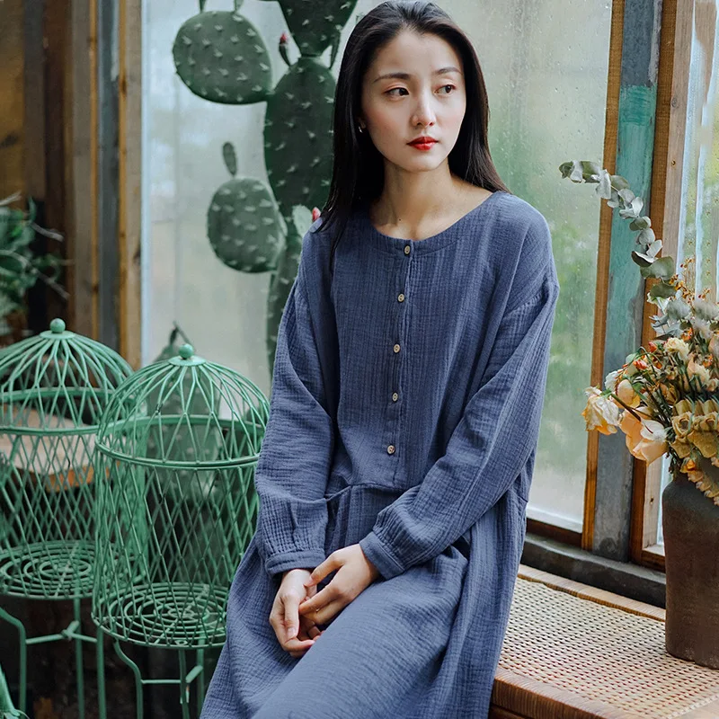 Женские винтажные хлопковые платья Johnature повседневные однотонные