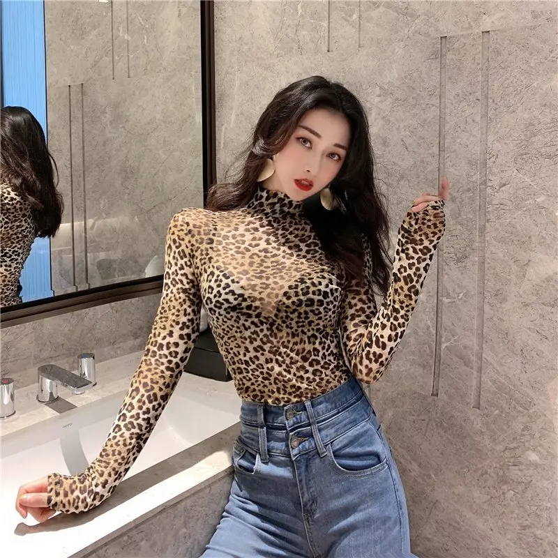 

Sexy Fashion Women T Shirt Top Pullover Leopard Long Sleeve High Neck Club Casual Clothes Turtleneck Slim T-shirts