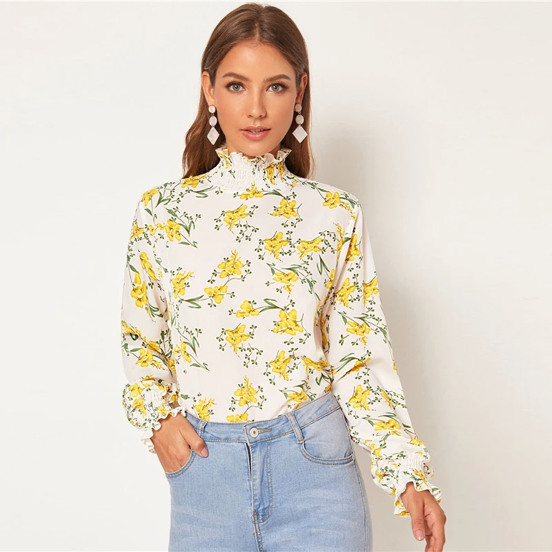 SHEIN/белая блузка с цветочным принтом и оборка, с вырезом на спине, топ, Женская весенне-осенняя Повседневная блуза с длинным рукавом с принтом «Бишоп», abaya