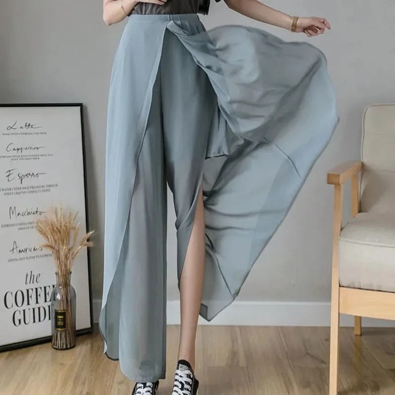 

Summer Thin Women Chiffon Skirt Pants Wide Legs Irregular Wild Korean Fashion Pantalones Mujer High Waist Casual Loose Trousers