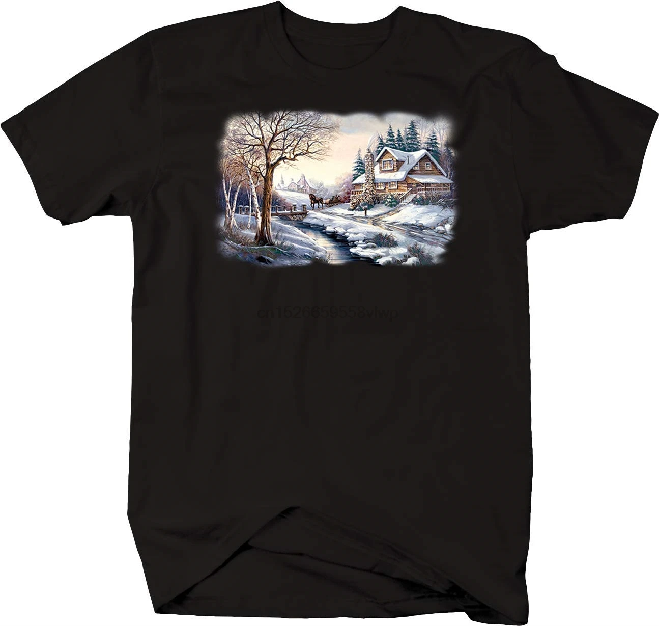 

BQM Gear Horse Pulling Carraige Down ICY Road Log Cabin Snow Trees Winter Tshirt