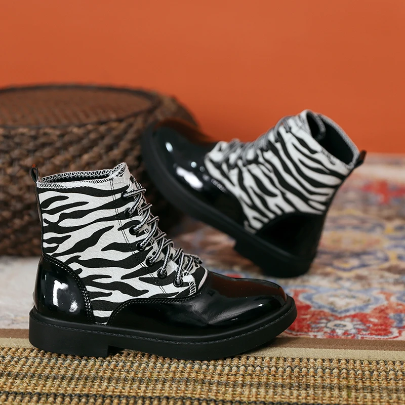 

Retro Zebra Print Ankle Boots Women 2021 Lace Up Boots Woman Short Platform Martin Boots Women Thick-heeled Motorcycle Boots