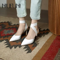 niufuni 2021 pointed hollow stiletto womens sandals high heels black white cross elastic ankle straps suede silk pumps shoes