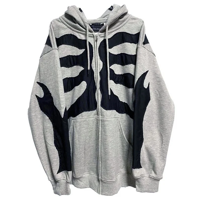 

Zip-up Y2K Harajuku Korean Style Loose Skull Print Goth Grunge Long-sleeved Hooded Coat Solid Color Retro Shirt Student Girl Top