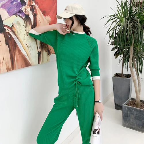 Женский осенний костюм-двойка трикотажные брюки с широкими штанинами и свитер |