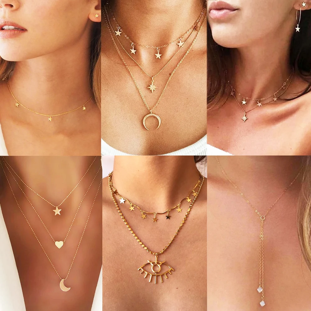 Женское колье с кулоном многослойное винтажное ожерелье золотистого цвета в