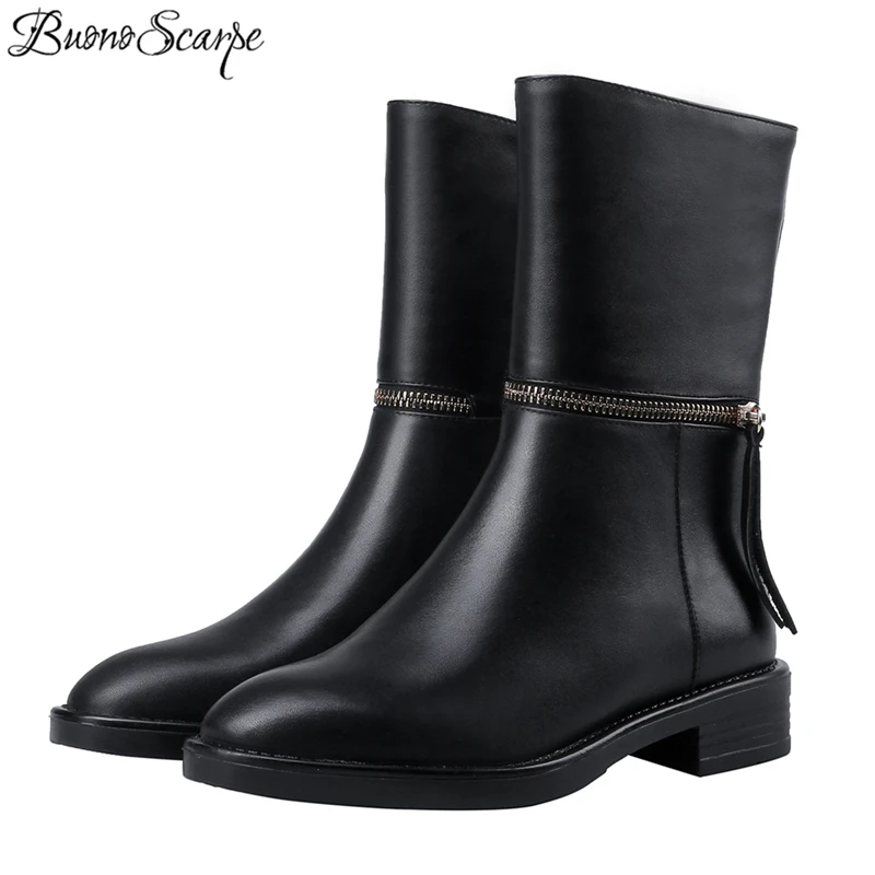 

Buono Scarpe Tassels Women Ankle Boots Genuine Leather Short Black Boots Zipper Ladies Shoes 2019 New Punk Botas Mujer Flat Shoe