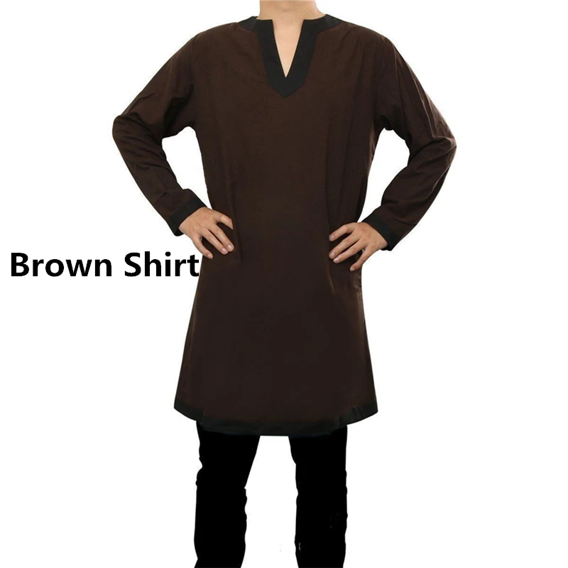 Brown Shirt Male Halloween Medieval Viking Warriors Knight Shirts Belt Renaissance Vintage Middle Age V-neck Party Cosplay Costumes - Цвет: Brown Shirt