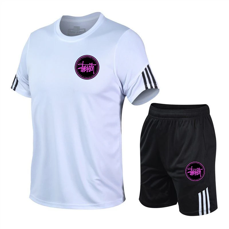 

New men's striped T-shirt shorts mesh suit 2021 summer men's brand badge printing casual suit sportswear men's sportswear