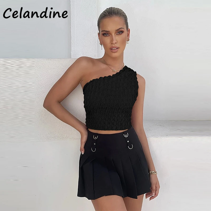 

Celandine Sexy Women Casual Green Knitted Summer 2021 One Shoulder Club Crop Tops Party Sleevless Skinny Mini Tank Tops