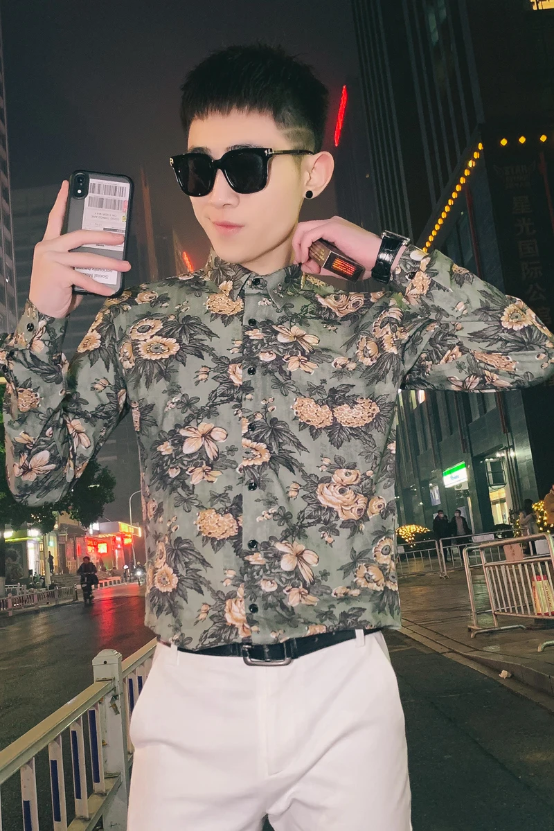 

Men Floral Shirts Long Sleeve Casual Shirt Streetwear Social Party Nightclub Male Clothing 2021 Spring Slim Fit Camisa Masculina