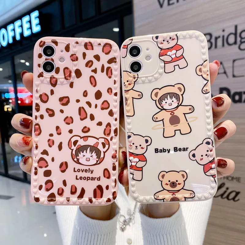 

Frame Painted Case for iPhone 12 Silicone Cases for iPhone 12 11 Pro Max 8 7 6 Plus XR X XS Max 6 6S 12Mini Lovely Bear Leopard