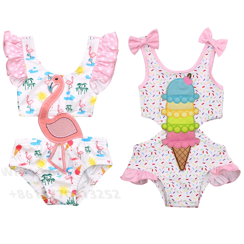 Для Маленьких Девочек Цельный купальник с рисунком Фламинго/Для девочек принт