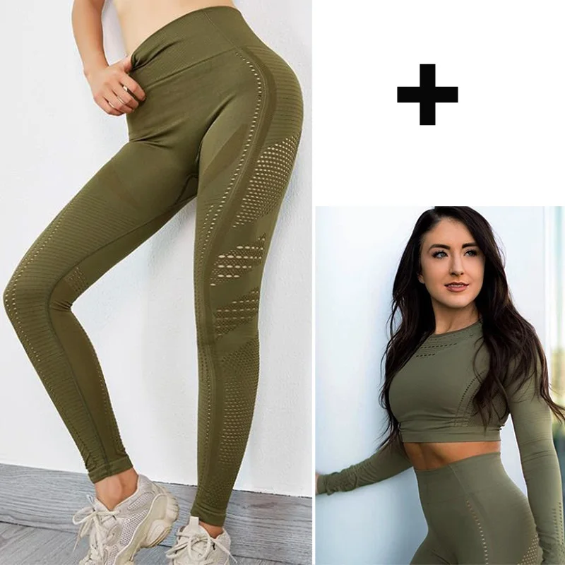 Army Green Suit Женские Бесшовные штаны для йоги, высокая талия, Спортивные Леггинсы, для спортзала, фитнеса, тренировок, полые длинные колготки для бега, для девушек, сексуальные S-L - Цвет: Army Green Suit