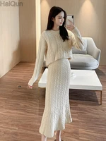 new womens elegant knitted o neck skirt sweaters suits sets autumn winter warm long two pieces clothing high waist fishtail