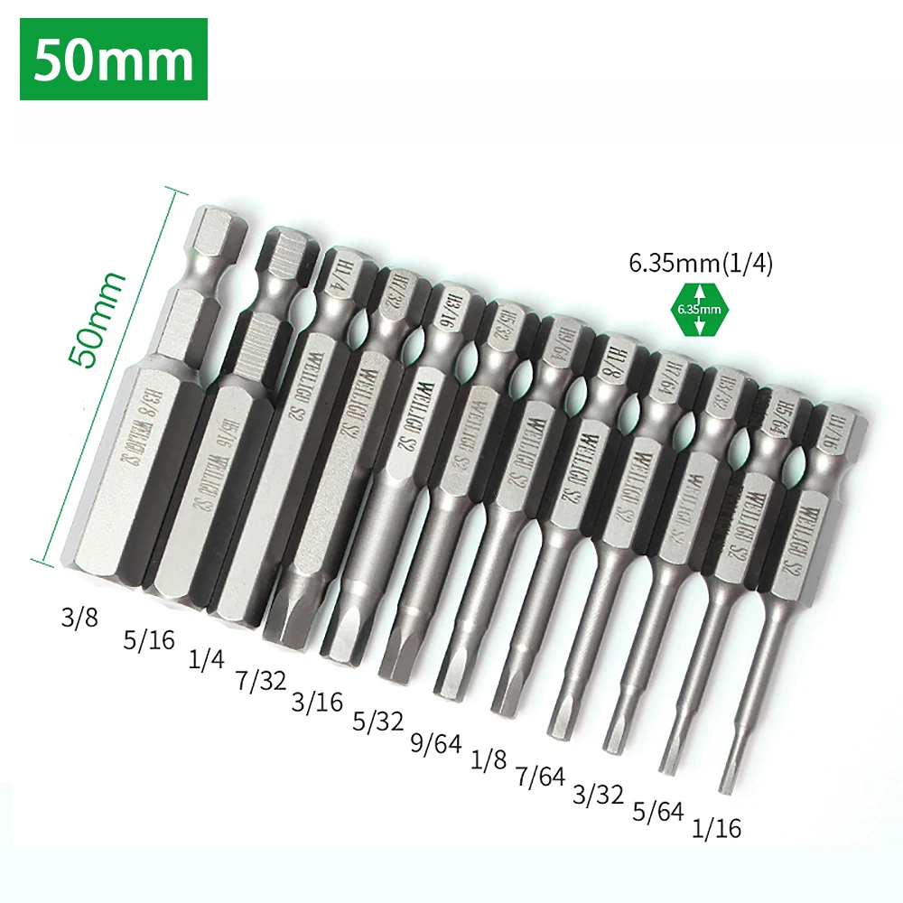 

1set x Bits For Screwdriver 1/16 - 3/8" Electric Hex Drill Key Magnetic High Torque S2 S1/4" 50mm Long Auto Phone Repairing Head