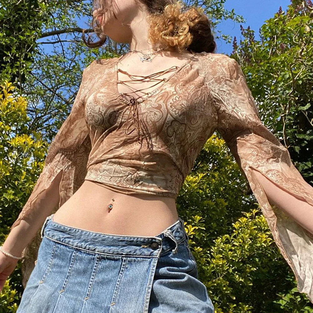 

Women Khaki Lace-Up Flare Sleeve Mesh T-shirts Y2K 2021 Vintage Printing V-neck Lettuce Trim Cropped Tops Streetwear