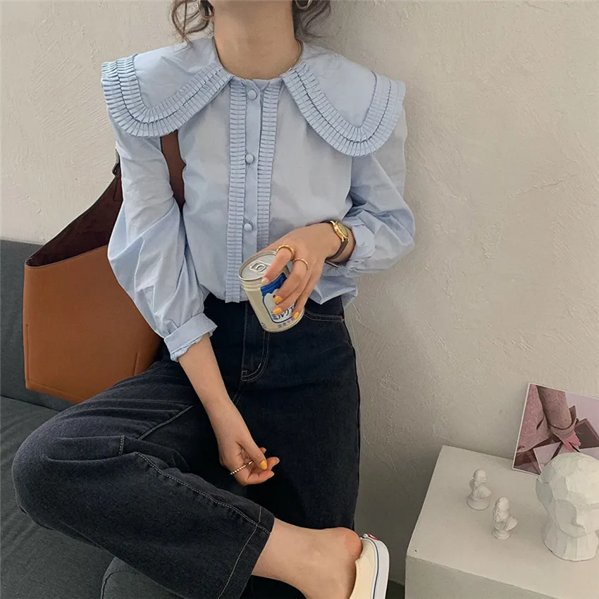 

Korean Style Chic Casual Shirt Women Peter Pan Collar Puff Sleeve Designer Shirts Elegant Blouse High Quality Blusa Mujer 2021