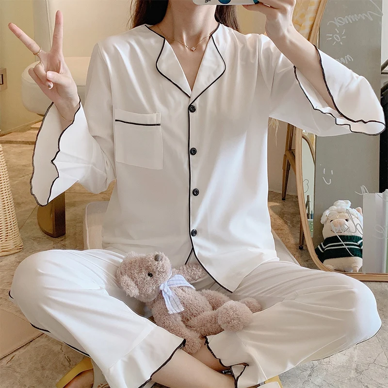 

Pajamas Women's Spring and Autumn Cute Black Long-Sleeved Cotton Thin Internet Hot Two-Piece Suit Summer Women's Homewear