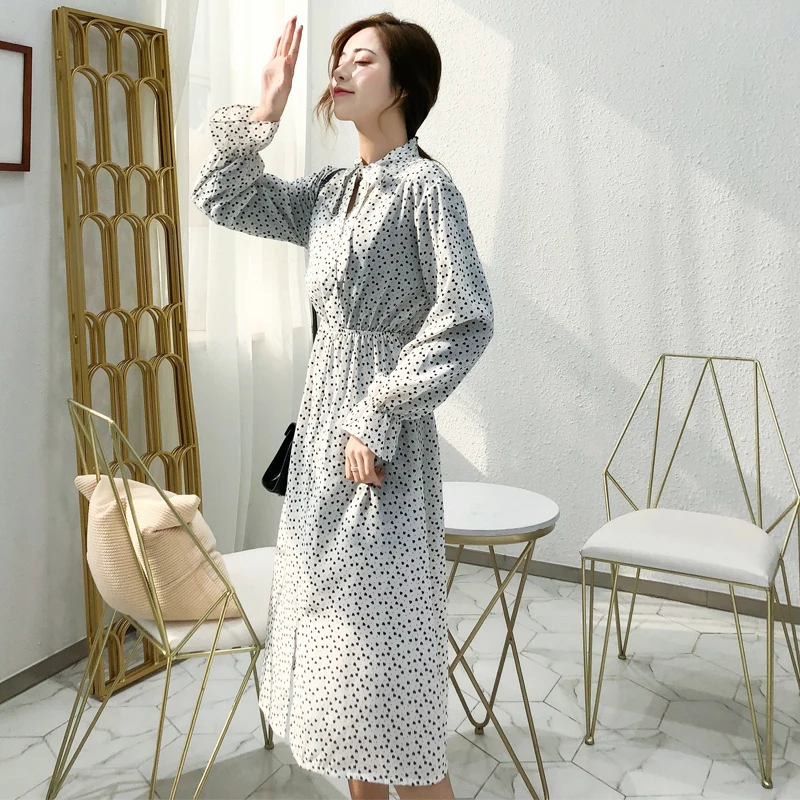 Женское платье с принтом в горошек повседневное винтажное длинным рукавом 12