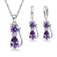 jewelry sets accessories genuine 925 sterling silver cubic zirconia clear cat necklace pendantleverback earrings hot sall