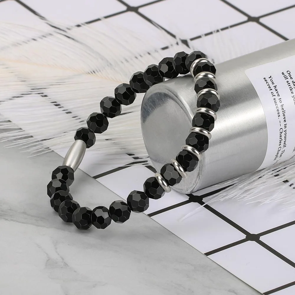 Браслет BOFEE из бусин натурального черного оникса стальная веревка стрейчевая