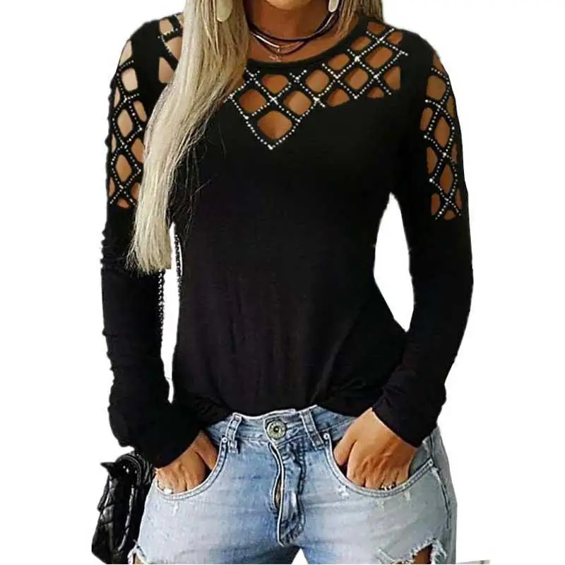 Весна 2020 алмазная футболка большого размера d женская с длинным рукавом Hellow Out 4XL