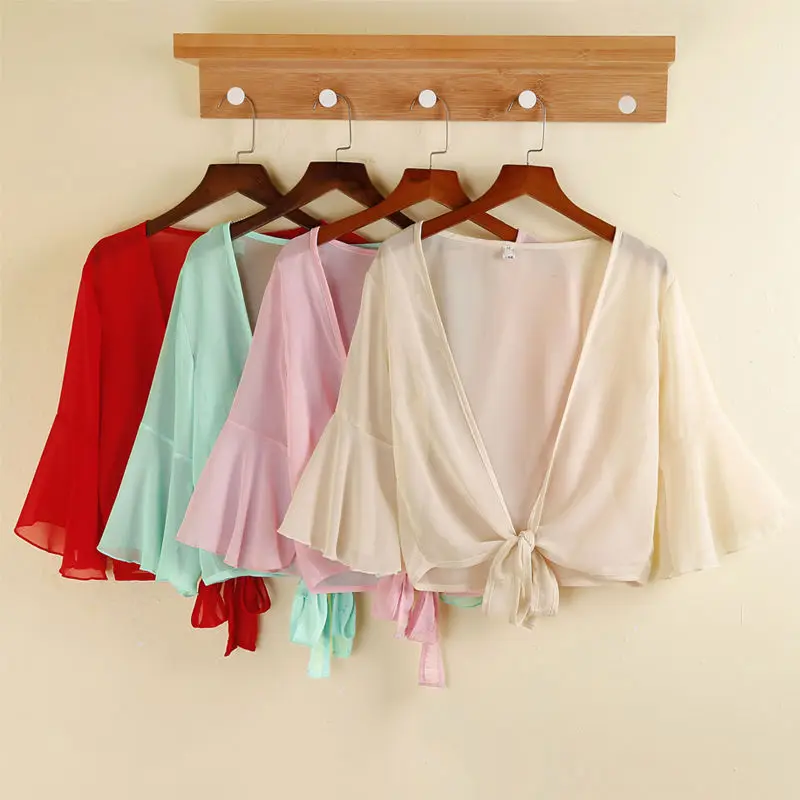 

Women Blouses Summer Long Sleeve Chiffon Blouse Shirt Loose Kimono Cardigan White Apricot Ladies Sun-protective Clothing Y963