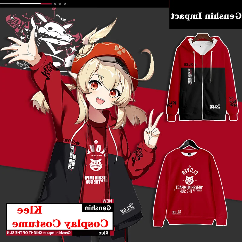 Klee Cosplay Costume Hot Game Genshin Impact Hooded Sweatshirt Anime Sports Jacket Project Print Pants Velvet Top Adult Kids Set|Игровые