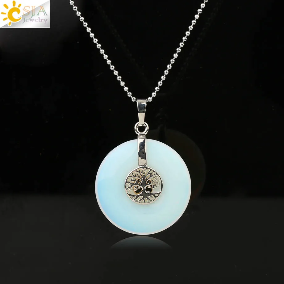 Opal Chain Csja Древо жизни Подвески натуральный кристалл полый круглый камень «reiki» энергии мудрость деревья Для женщин Для мужчин Подвески Ожерелья G146 - Окраска металла: Opal Chain