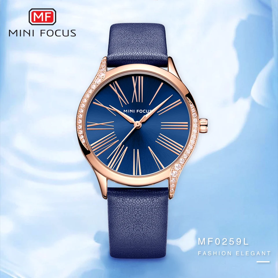 MINIFOCUS, классические, элегантные, синие, кожаные, женские часы, Iced Out, кварцевые, женские часы, водонепроницаемые, простой дизайн, модные, женские часы