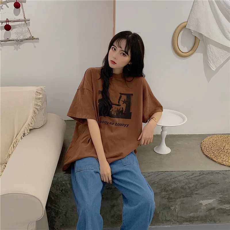 Женская хлопковая Футболка Harajuku летняя женская футболка с круглым вырезом