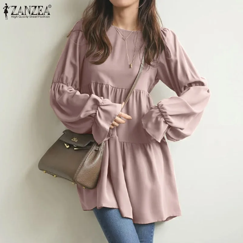 

Женские элегантные топы с круглым вырезом, осенняя однотонная блузка с оборками ZANZEA, лоскутные Блузы с длинным рукавом, женская модная руба...