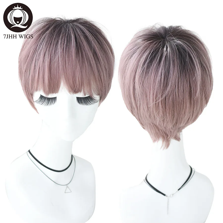 7JHH 2 Tone Ombre розовый короткий прямой парик с челкой для парики женские Модный