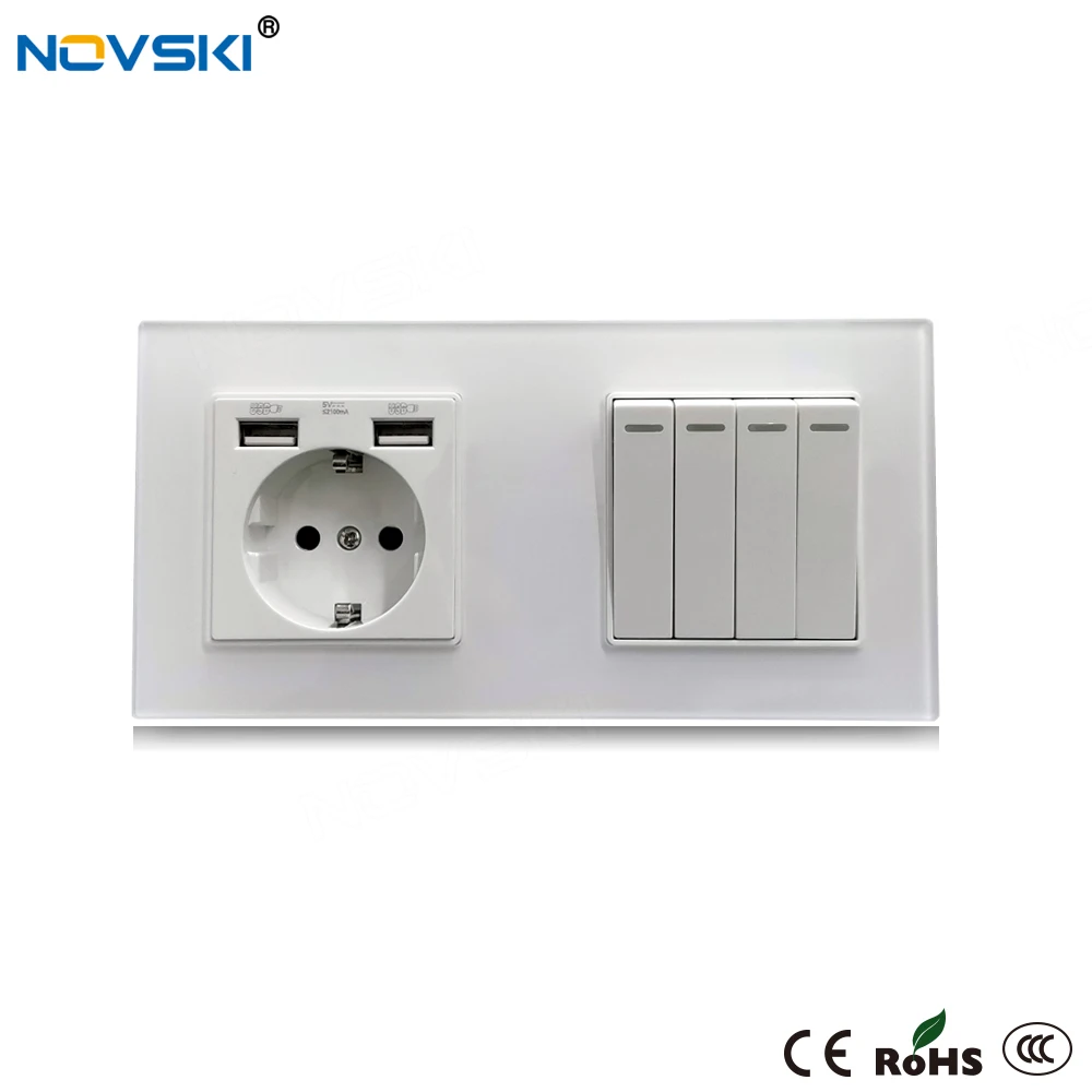 NOVSKI русские Хрустальные стеклянные розетки USB 2.1A 4 банды выключатель питания 16A EU