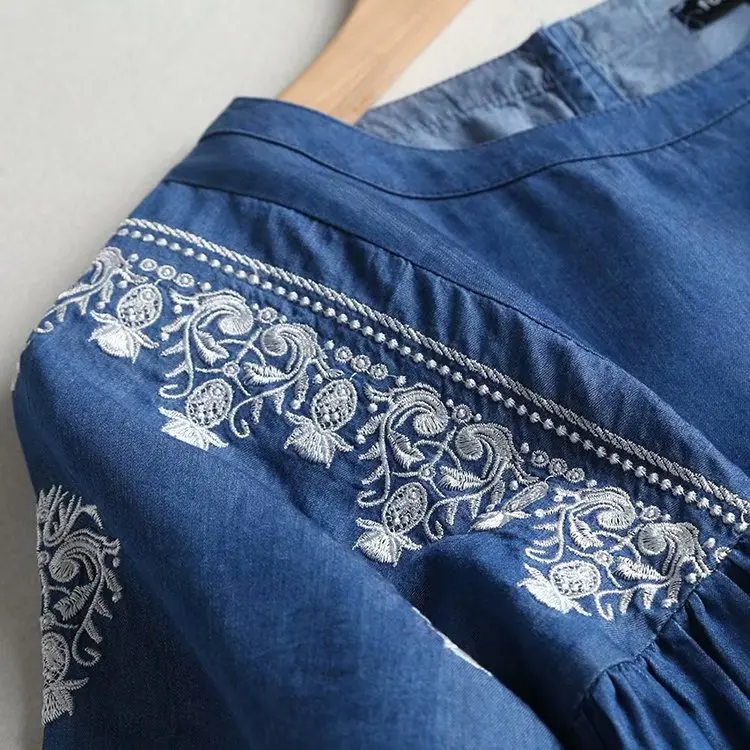 Блузка женская джинсовая с вышивкой Повседневная Свободная рубашка коротким