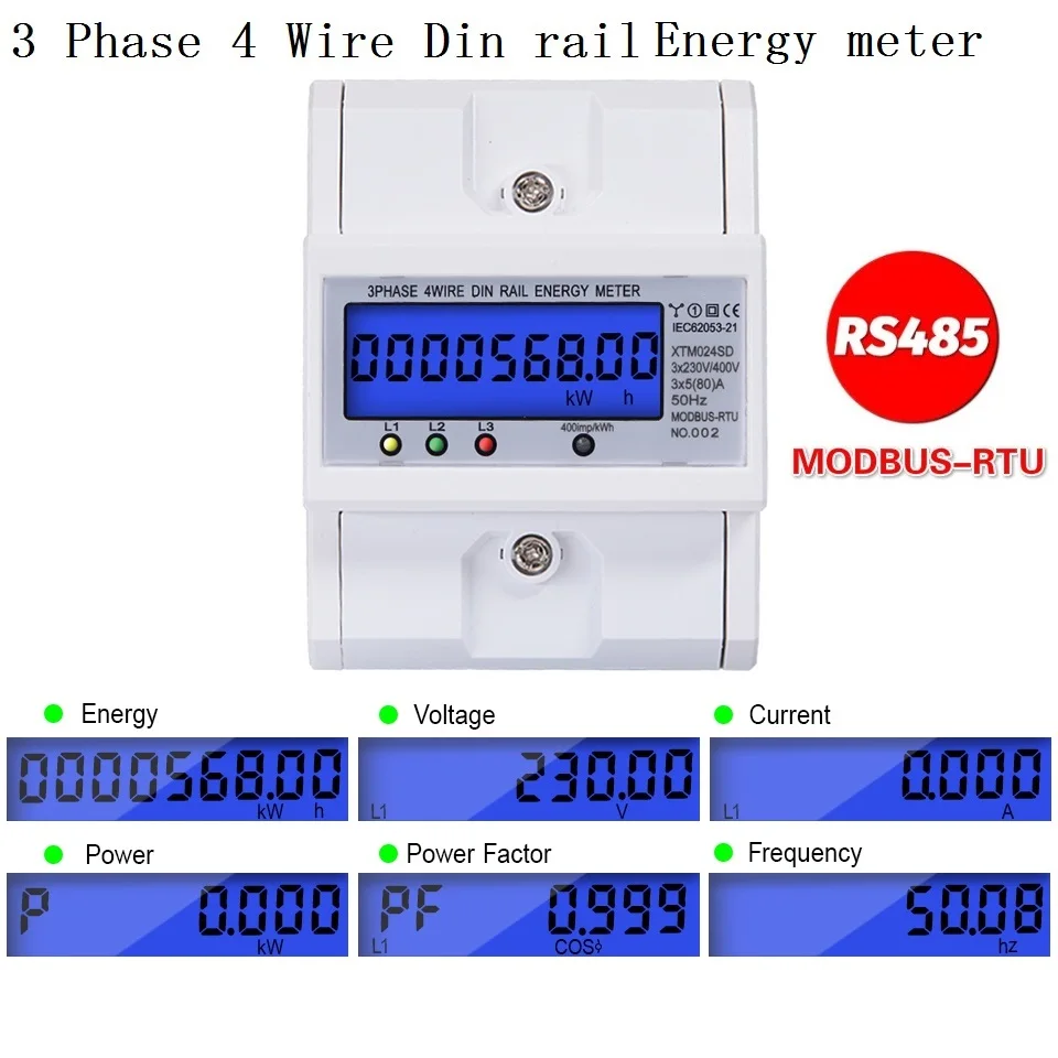 Medidor de Energia Rs485 Multifuncional Fases Fios Eletrônico Consumo de Energia 580a 380v ac 50hz Retroiluminação Modbus Medidores de energia