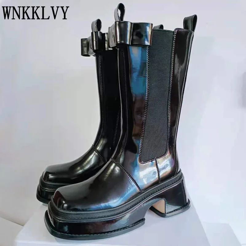 

2021 Autumn new thick-soled bow mid-tube high-top locomotive Martin boots women square toe thick heel increased Chelsea boots